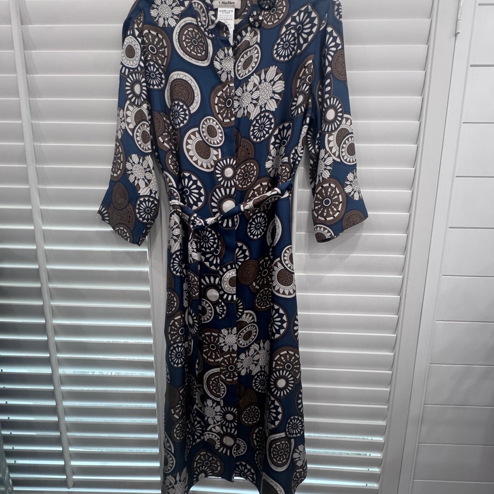 Elegant Blue & Brown Printed Silk Maxi Dress with Beaded Collar.